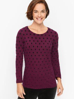 Talbots Plum Purple Cotton Scoop Neck Tee Black Velvet Polka Dots Preppy Sz 2X
